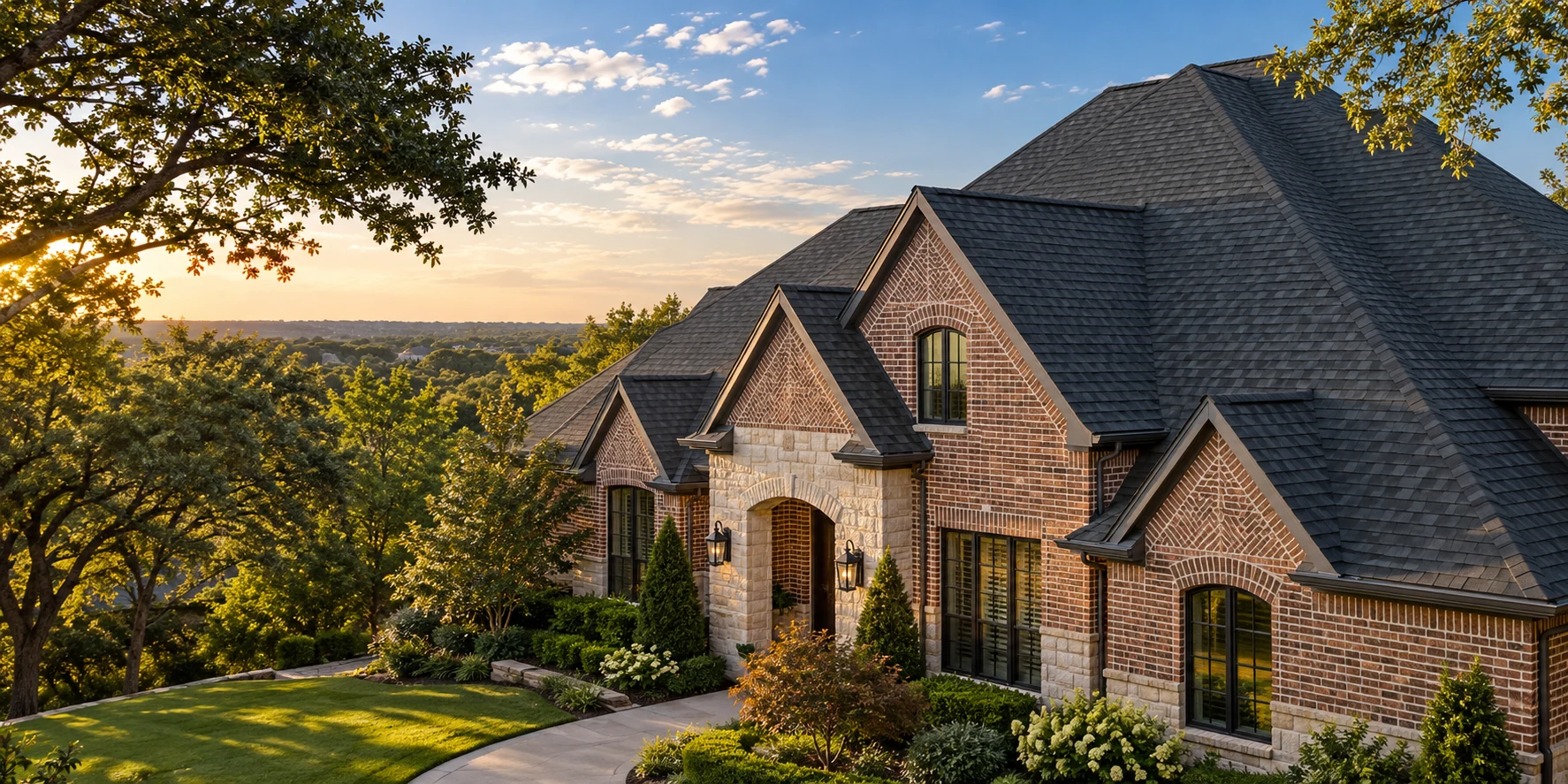 Illustrative North Texas brick home with architectural shingles